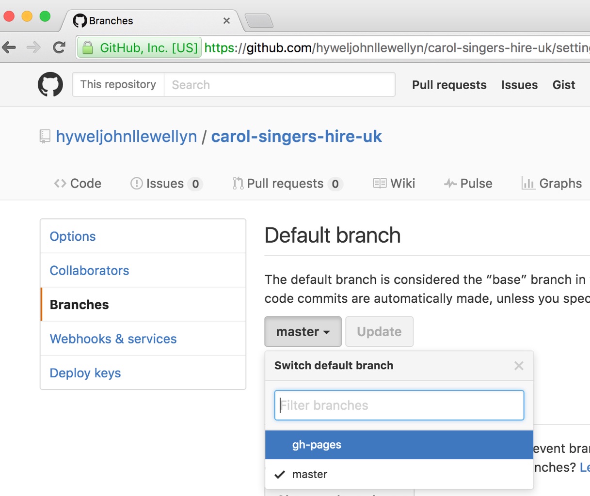 GitHub repository select default branch